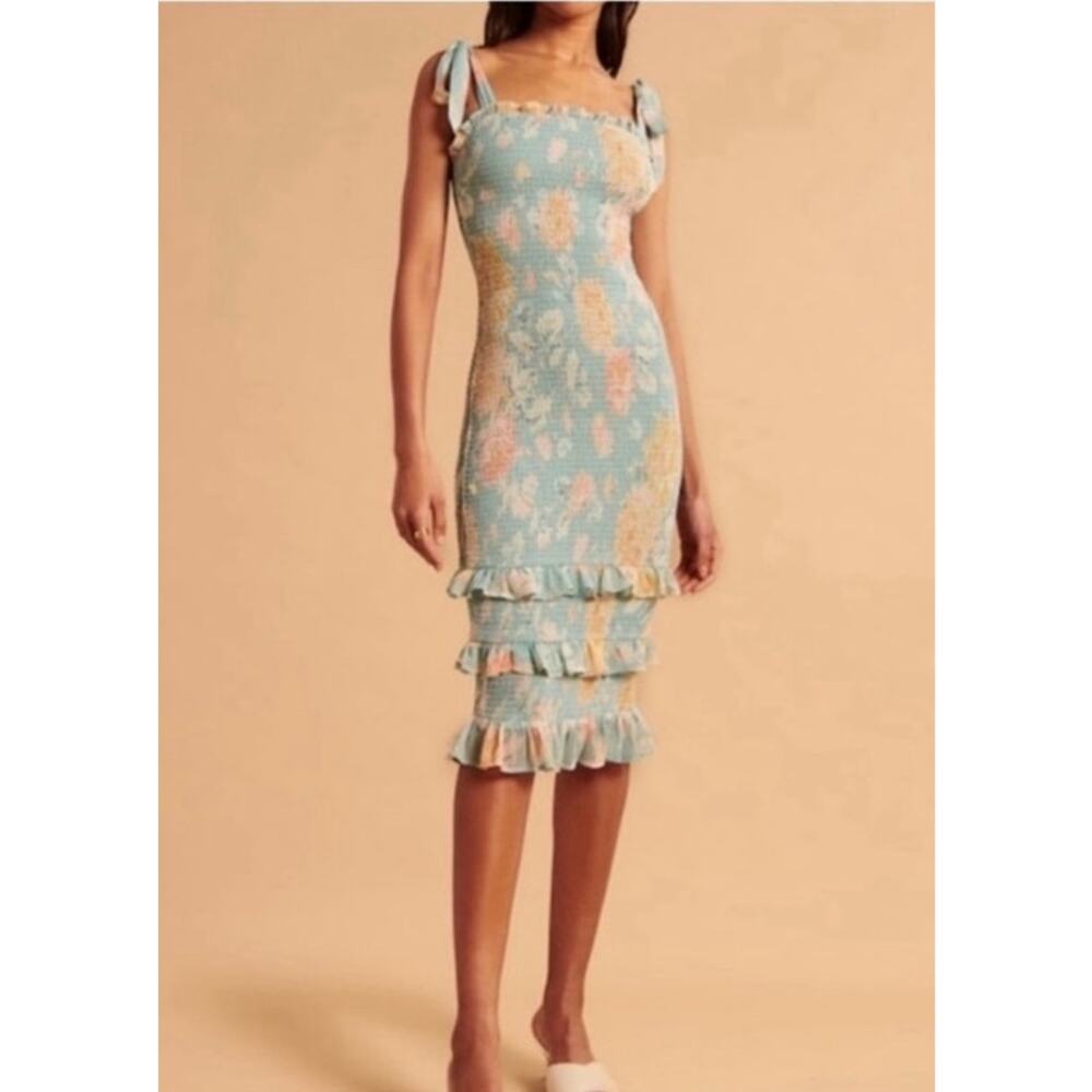 Abercrombie & Fitch Tiered Smocked Tie-Strap Floral Midi Dress